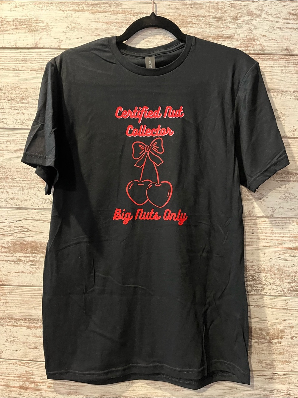 Gildan Black Short-Sleeve Tee with Red Cherry Graphic and Script